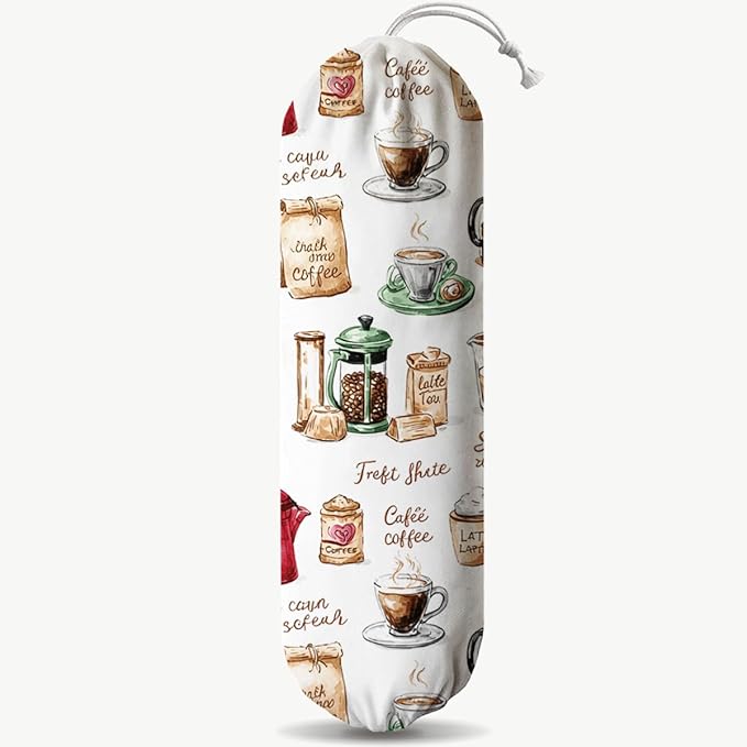Coffee Pot Plastic Bag Holder, Reusable Shopping Bags Storage Dispenser, Garbage Trash Bag Dispenser for Home Kitchen Pantry Cabinet, Wall Mount, Kitchen Housewarming Gifts for Coffee Lover
