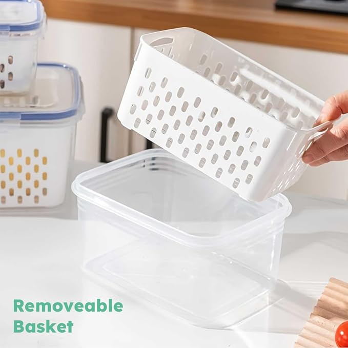 2 Pack Fruit Storage Containers for Fridge, Stackable Food Storage Containers with Removable Colander, Refrigerator Organizer with Drain Baskets Lids- Keeping Food Fresh Longer