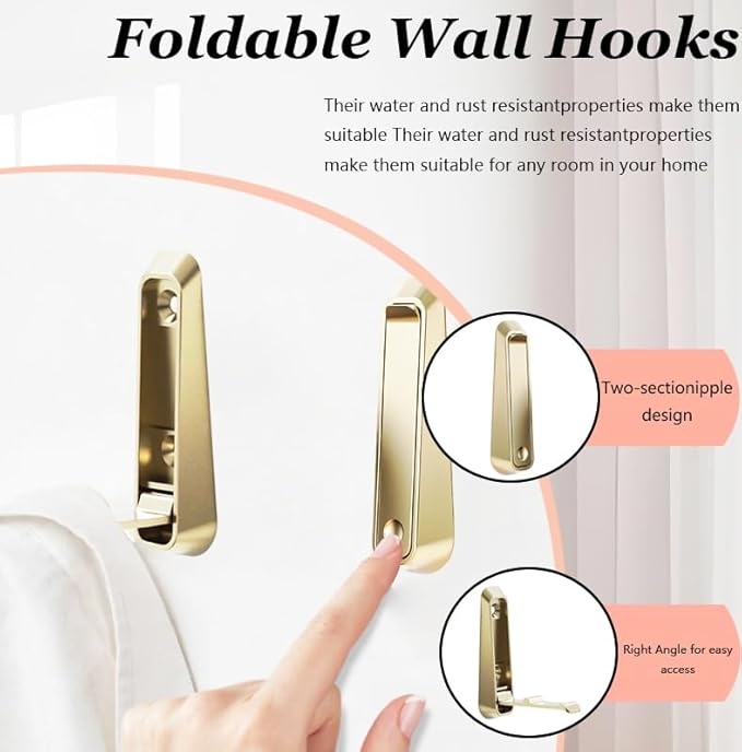 2pcs Folding Coat Hooks Zinc Alloy Wall Hooks Heavy Foldable Duty Coat Hooks Wall Mount for Hanging Coat Towels Clothes Hat Bags Keys (Golden)