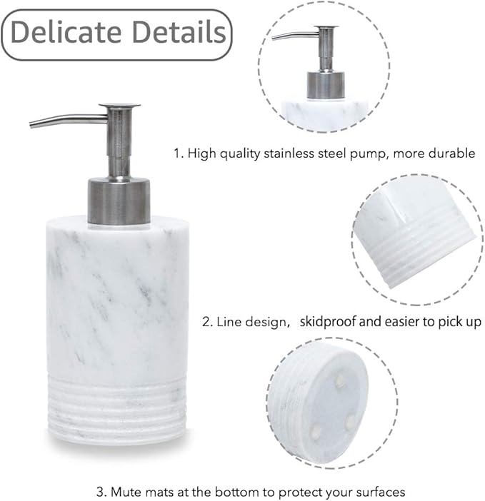 JIMEI Marble Soap Dispenser with Stainless Steel Pump for Bathroom Kitchen Countertop - Lotion & Liquid Dispenser Soap Bottle White