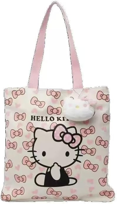 Cute Cartoon Kitty Tote Bag – Pink and White Kawaii Style Reusable Shoulder Bag – Adorable Lightweight Canvas Tote for Women