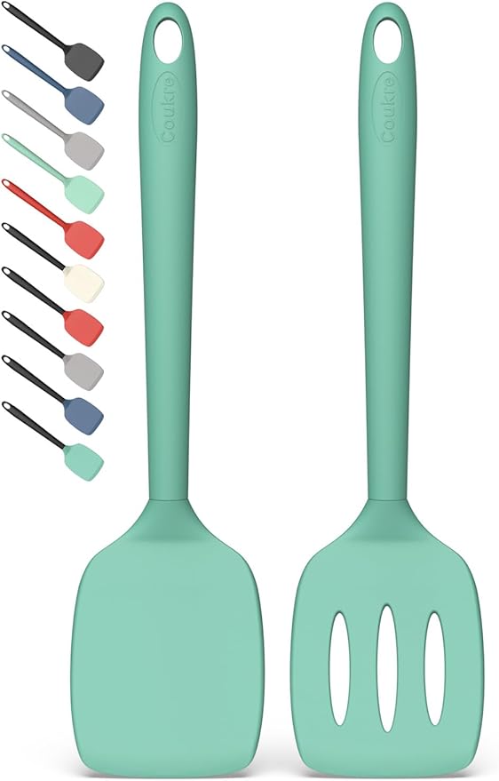 Coukre 2 Pack Silicone Spatula Set, High Heat Resistant, BPA Free Kitchen Spatula, Solid & Slotted Turner for Non-Stick Pans, Sautéing, and Flipping (2, PureAquaGreen)