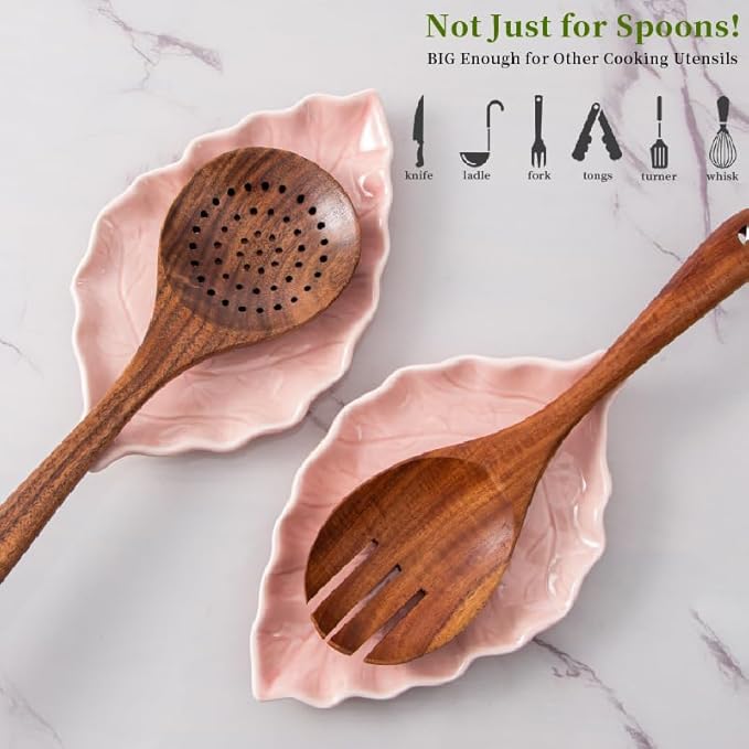 Ceramic Leaf Shape Spoon Rest for cooking, Cute Cooking Spoon Holder for Stove Top,Large Porcelain Spatula Rest for Kitchen Counter, Farmhouse Christmas Kitchen Decor (pink)