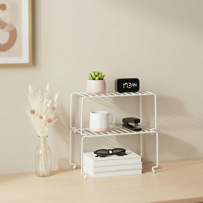 4-Pack Small (10.8x5.3inch) White Stackable Shelf Organizer Rack, Wire Shelf Rack for Kitchen Cabinet, Pantry, Desk Organization and Storage, Rustproof