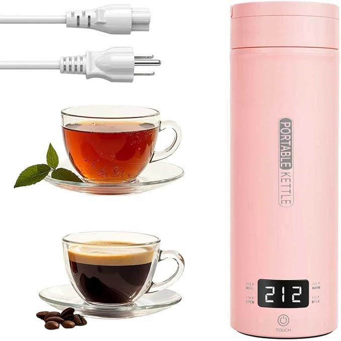 Pink Portable Electric Kettle forTravel, Small Hot Water Kettle with NTC Temperature Control and Auto Shut-Off, 316 Stainless Steel, Green 120V & 15oz