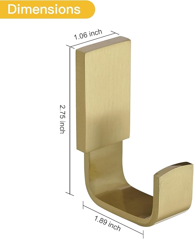 BESy Brass Clothes Hook Single Towel Hook for Bathroom Kitchen Garage Square Style Robe Hooks Coat and Hat Hook, Wall Mounted with Screws, Brushed Gold