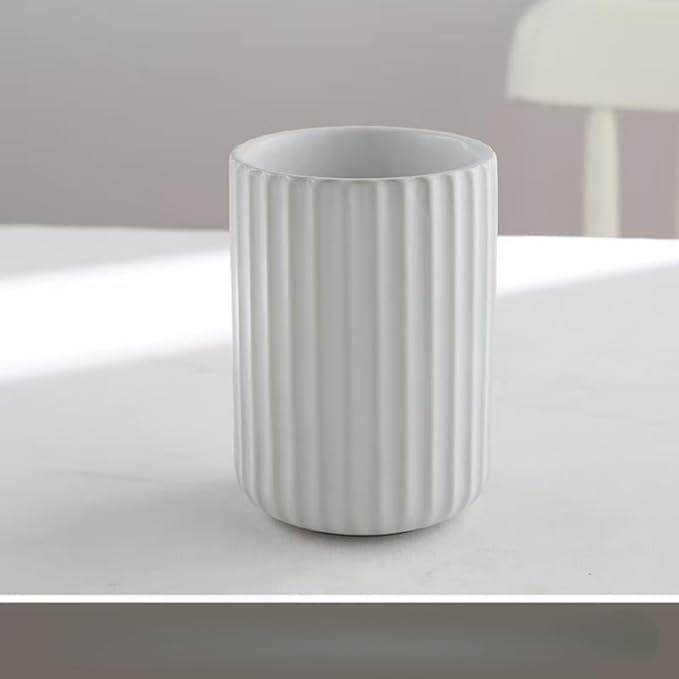TOPYOKK Stoneware Coffee Bar Utensil Holder Tea & Coffee Spoon & Stirrer Holder for Stir Stick Straw Teaspoon Holder Spoon Cup Small Utensil Jar Fluted Vertical Stripe (Pure White)