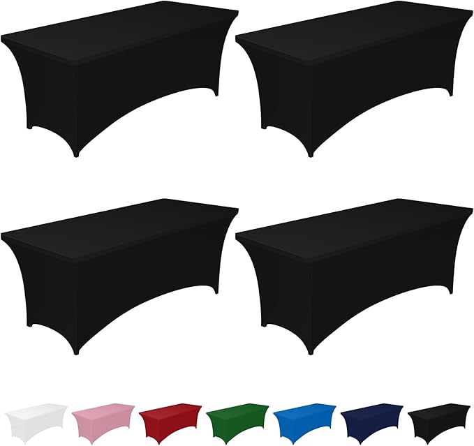 Pureegg Spandex Tablecloth 6ft - 4 Pack, Fitted and Tight Cloth for Rectangle Table, Wrinkle-Free and Stretch Table Cover for Party, Wedding, Banquet and Birthday, Black