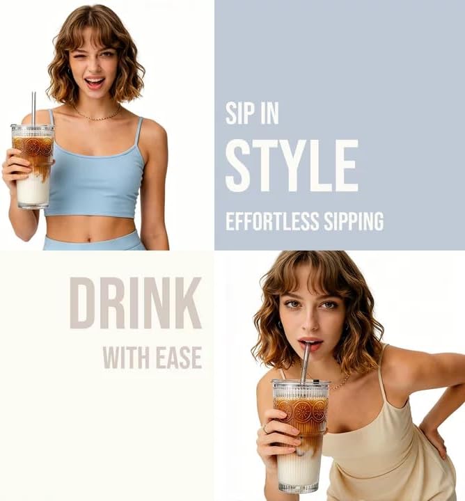 SoulTimes 20oz Ribbed & Floral Glass Tumbler Set of 4 – Reusable Glass Cups with Lid and Glass Straw, Iced Coffee Cups for Water, Smoothie, Milk, Cocktail & More – Perfect for Daily Use & Travel