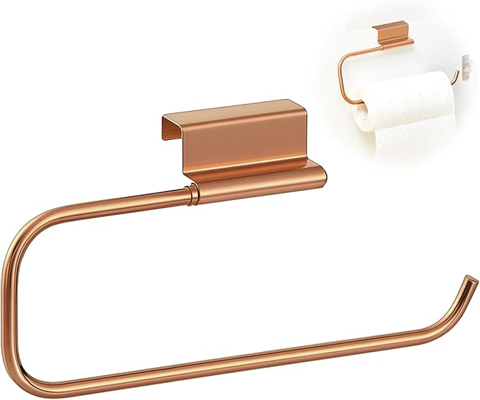 12.4 Inches Cabinet Door Paper Towel Holder Camper Under Sink No Drilling Paper Towel Storage and Dispenser for RV Kitchen Bathroom Laundry Room, Stainless Steel(Rose Gold,1 Pcs)