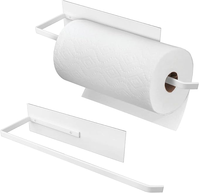 Paper Towel Holder Magnetic, Magnetic Paper Towel Holder for Fridge, Toilet Paper Roll Holder Magnet Towel Rack Wall Mount Shelf Bar for Towels Rolls Bathroom RV Dorm Kitchen Wall Decor, White 2 Pack