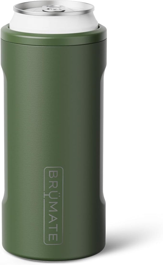 BrüMate Hopsulator Slim Can Cooler Insulated for 12oz Slim Cans | Skinny Can Insulated Stainless Steel Drink Holder for Hard Seltzer, Beer, Soda, and Energy Drinks (OD Green)