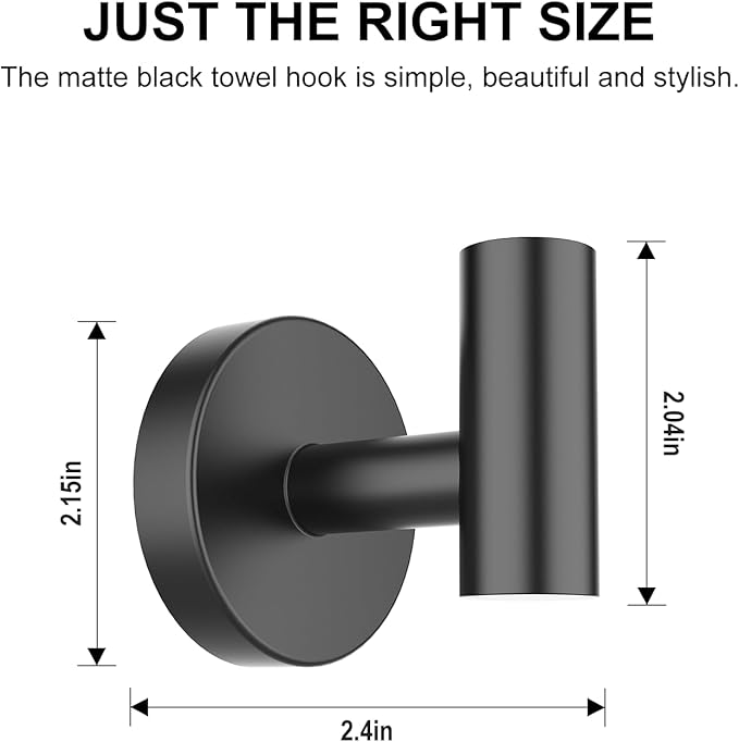 SetSail Towel Hooks for Bathrooms 2 Packs Screw-in Matte Black Bathroom Towel Hook Wall Mounted Stainless Steel Shower Towel Hooks for Coat Hanging, Drilling Hole