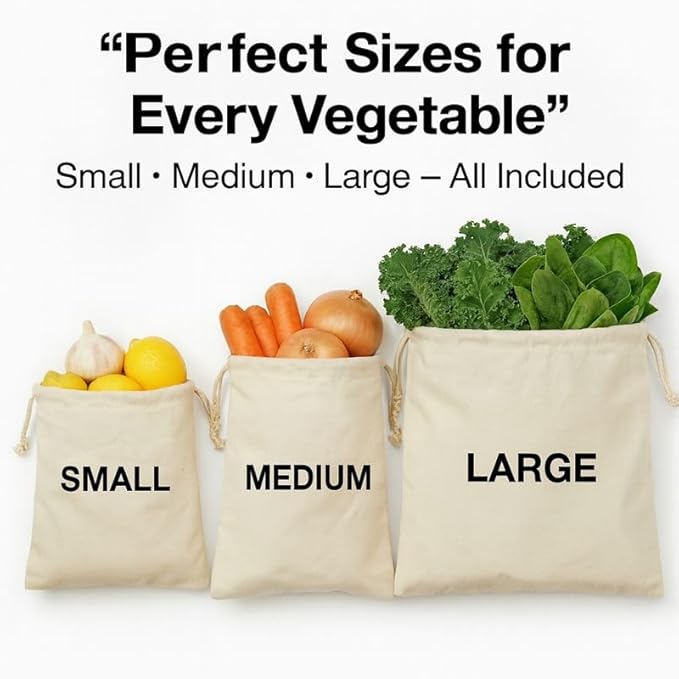 100% Reusable Cotton Produce & Bread Storage Bags, Pack of 6 (2 L, 2 M, 2 S), Breathable Muslin, Vegetable, Fruit Bags with Drawstring | Eco-Friendly Fridge & Kitchen Storage | Reusable, Eco-Friendly | Pure Cotton Material