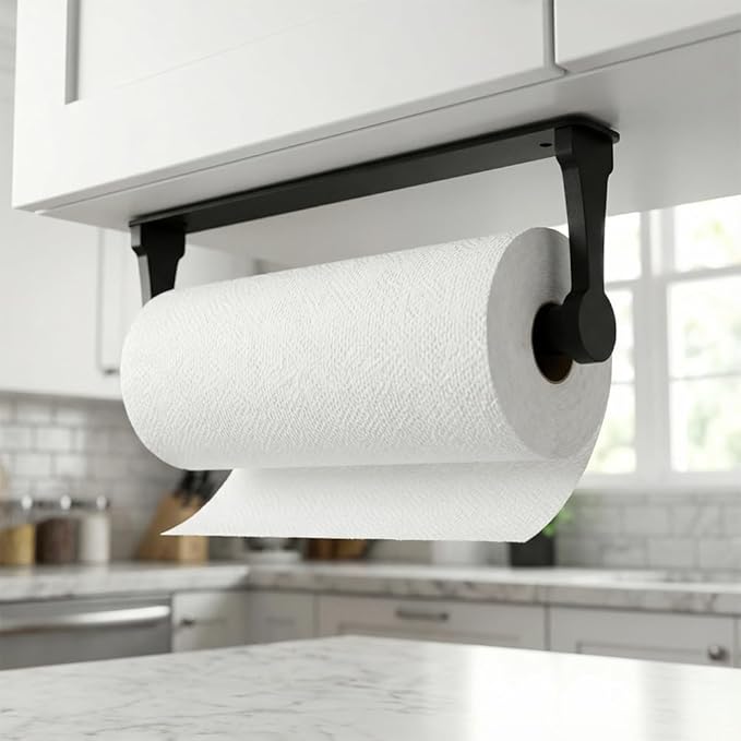 Paper Towel Holder - Self-Adhesive or Drilling, Black, Wall Mounted, Kitchen Roll Dispenser Under Cabinet or Inside Cabinet