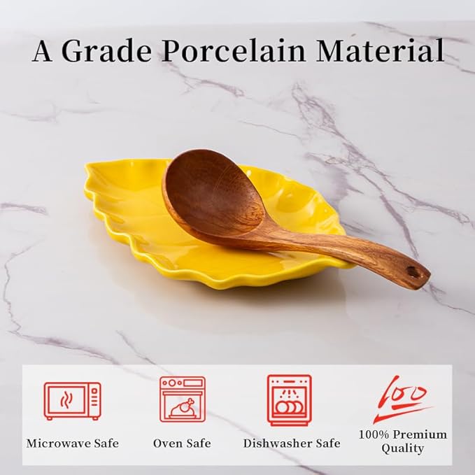 Ceramic Leaf Shape Spoon Rest for cooking, Cute Cooking Spoon Holder for Stove Top,Large Porcelain Spatula Rest for Kitchen Counter, Farmhouse Christmas Kitchen Decor (yellow)