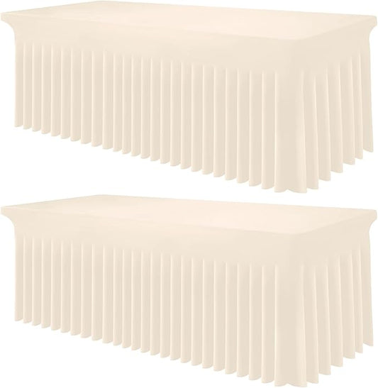 Smiry Spandex Tablecloth 2 Pack, Elastic Fitted Stretch Tablecloth for 8FT Rectangle Tables, Waterproof Washable Table Cover Skirt for Outdoor, Wedding, Banquet & Parties (Beige, 96Lx30Wx30H Inch)