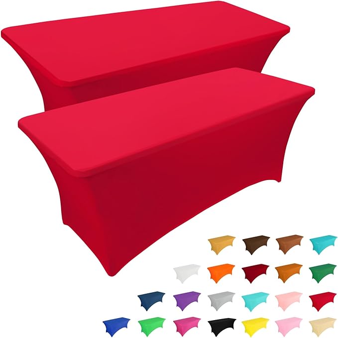 IVAPUPU 2 Pack 6FT Table Cloth for Rectangular Fitted Events Stretch Red Table Covers Washable Spandex Spring Tablecloth Protector for Party, Wedding, Cocktail, Banquet, Festival