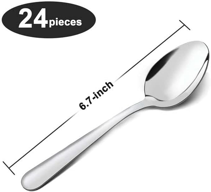 Unokit 24-Piece Tea Spoons Set Silverware - 6.7 inch Stainless Steel Spoon, Dessert, Table, Silverware Spoons Only for Home, Kitchen or Restaurant - Mirror Polished, Dishwasher Safe