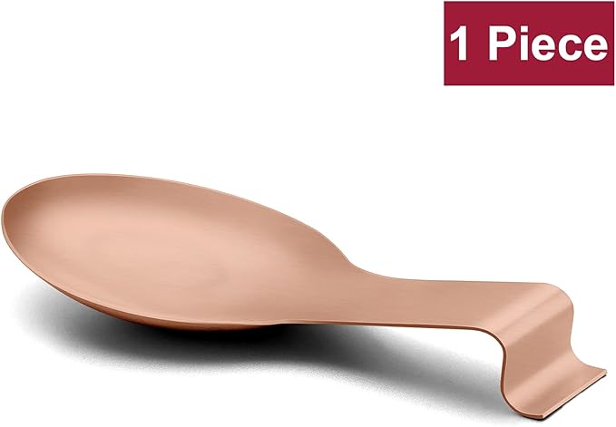 Spoon Rest, E-far Stainless Steel Rose Gold Spoon Ladle Holder, Metal Copper Spatula Rest for Kitchen Stove Top, Large Size & Dishwasher Safe