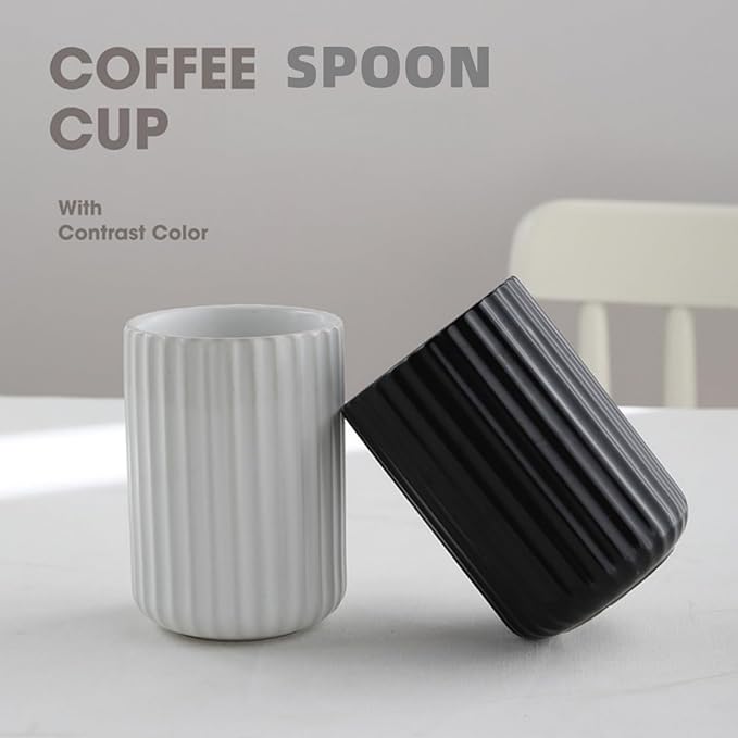 TOPYOKK Stoneware Coffee Bar Utensil Holder Tea & Coffee Spoon & Stirrer Holder for Stir Stick Straw Teaspoon Holder Spoon Cup Small Utensil Jar Fluted Vertical Stripe (Matte Black)