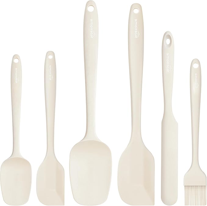 NileHome Silicone Spatula Set, 6 Pieces Food Grade Kitchen Utensils with Silicone Brush Heat Resistant Dishwasher Safe BPA-Free Rubber Spatula for Scraping, Baking, Cooking, Mixing-Ivory