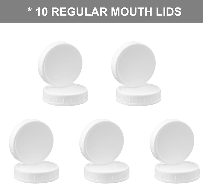 AOZITA 10 Pack REGULAR Mouth Mason Jar Lids for Ball, Kerr and More - White Plastic Storage Caps for Mason/Canning Jars - Leak-Proof, Dishwasher Safe & Food Grade