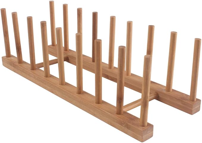8-Slots Bamboo Wooden Dish Rack Storage Organization Plate Rack Stand Pot Lid Holder Kitchen Cabinet Organizer