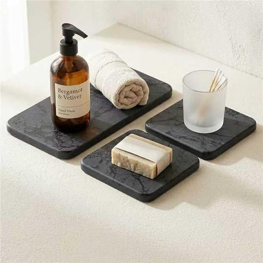 Small Stone Drying Mat & Coasters Set, 3PCS Water Absorbent Diatomite Tray for Kitchen Sink, Bathroom Countertop, Fast Absorbing Stone Holder for Soap, Plants, Toiletries(Marble Grey)