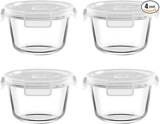 H.JSS WDJS 2 Cup Round Glass Food Storage Containers with Airtight Lids,16oz Round Glass Soup Container, BPA free Small Food Storage Containers for Leftover. Microwave, Freezer, Dishwashe safe-4pack
