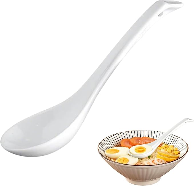 Asian Ceramic Soup Spoon set of 6,White Chinese soup spoons Large for Ramen Pho Wonton Dumpling Miso, Deep Oval Hook Design