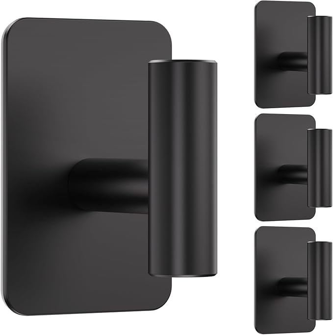 Heavy Duty Adhesive Hooks - 26lb Max, Sticky Wall Hooks Waterproof Stainless Steel for Hanging Towel, Coat, Robe, Towel Hooks Stick on Bathroom, Kitchen, Shower, Door (Black, 4 Pack)