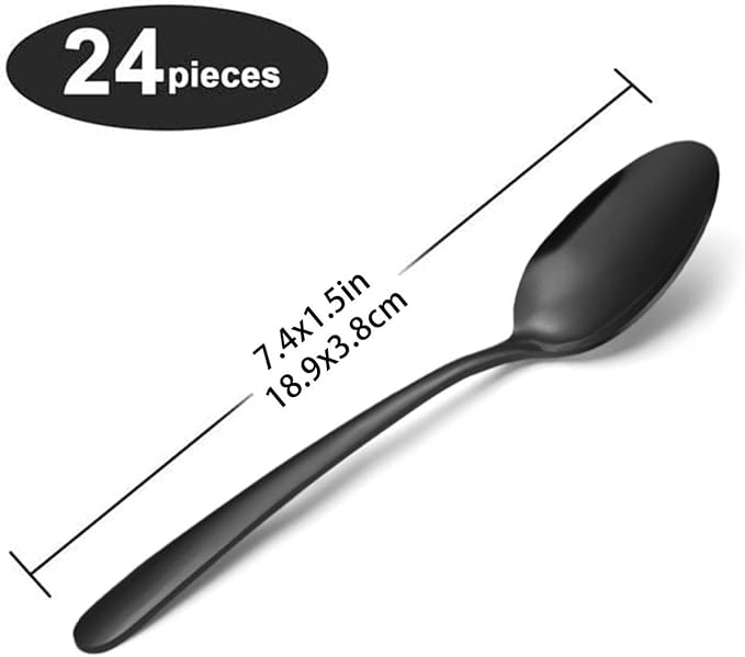 Unokit 24-Piece Tea Spoons Set Silverware - 7.4 inch Stainless Steel Spoon, Dessert, Table, Silverware Spoons Only for Home, Kitchen or Restaurant - Mirror Polished, Dishwasher Safe, Black