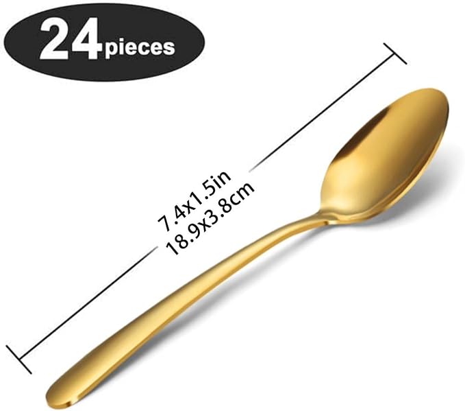 Unokit 24-Piece Tea Spoons Set Silverware - 7.4 inch Stainless Steel Spoon, Dessert, Table, Silverware Spoons Only for Home, Kitchen or Restaurant - Mirror Polished, Dishwasher Safe, Gold