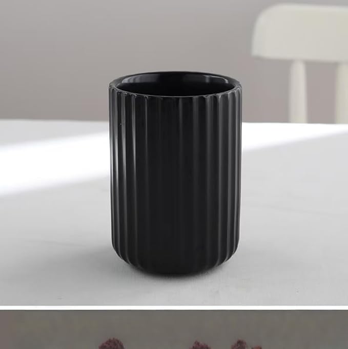 TOPYOKK Stoneware Coffee Bar Utensil Holder Tea & Coffee Spoon & Stirrer Holder for Stir Stick Straw Teaspoon Holder Spoon Cup Small Utensil Jar Fluted Vertical Stripe (Matte Black)