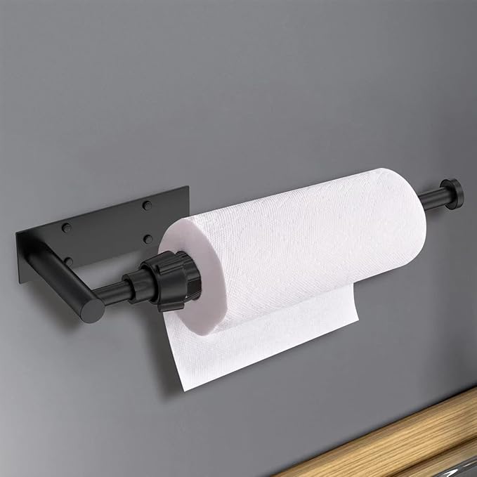 VAEHOLD Self Adhesive Paper Towel Holder Under Cabinet Mount, Wall Mounted Paper Towel Roll Holder with Damping Effect for Kitchen, Bathroom, Wall - SUS304 Stainless Steel (Matte Black)