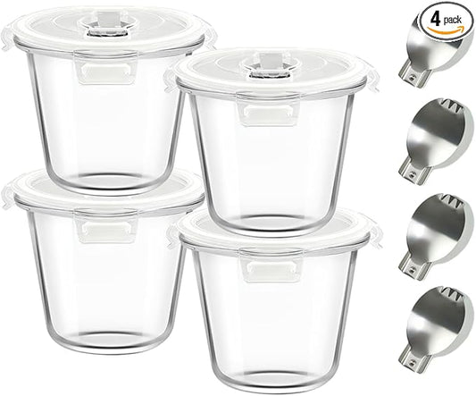 H.JSS WDJS 24oz Round Glass Soup Containers with Lids and Spoons, 3Cup Glass Food Storage Containers Set, BPA-Free Meal Prep Bowls with Lids for Leftover, Microwave, Dishwasher, Fridge Safe (4-Pack)