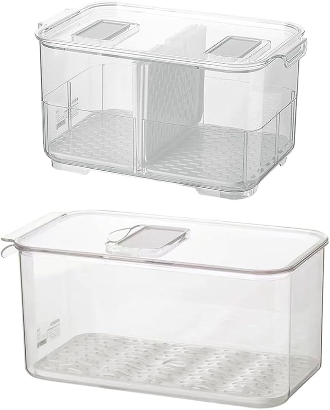 SANNO Fridge Produce Saver Stackable Refrigerator Organizer Keeper with Lids and Removable Drain Tray for Veggie, Berry, Fruits and Vegetables,Pack of 2