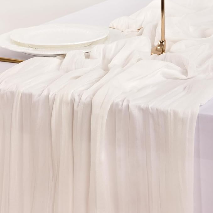 Socomi 10pcs Ivory White Cheesecloth Table Runner Boho Rustic Gauze 120 inch 10FT Cheese Cloth Sheer Runner for Wedding Party Baby Shower Birthday Home Decor Holiday Decorations