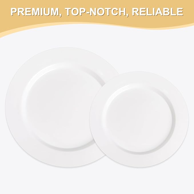 AOZITA 200 PCS White Plastic Plates, Premium Heavy Duty Disposable Plates for Party, 100 Dinner Plates & 100 Salad Dessert Plates, Sturdy Hard Plastic Dinnerware for Wedding, Events