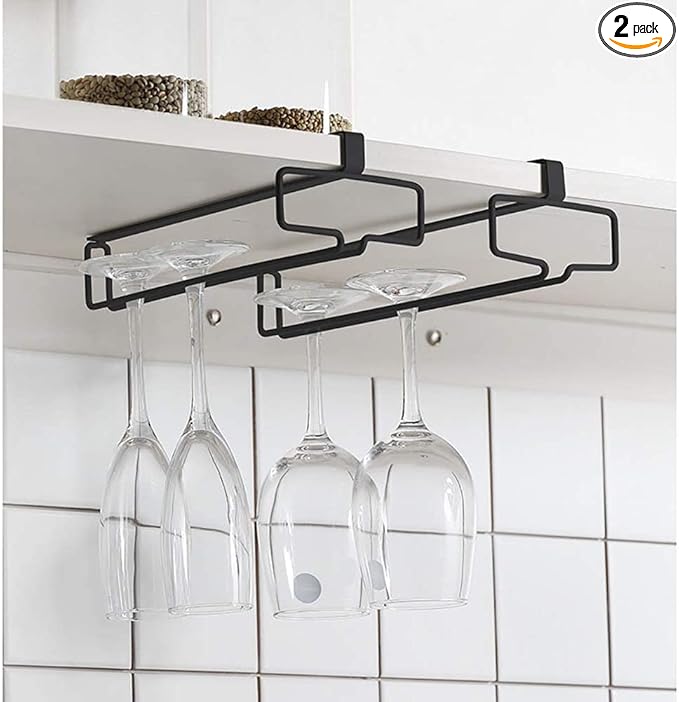 LINFIDITE Wine Glass Holder 2PCS Stemware Rack Hanger Under Cabinet Wine Glass Rack Kitchen Hanging Storage Rack Organizer,Black (For Partition Thickness under 0.98")