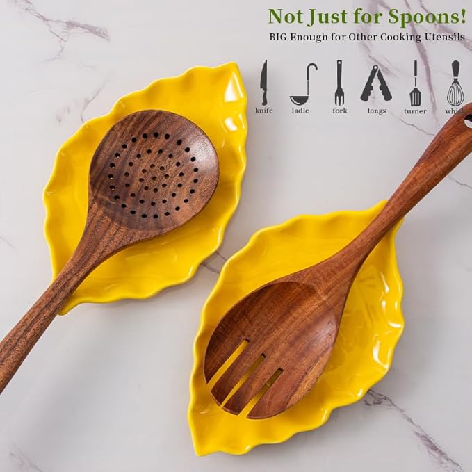 Ceramic Leaf Shape Spoon Rest for cooking, Cute Cooking Spoon Holder for Stove Top,Large Porcelain Spatula Rest for Kitchen Counter, Farmhouse Christmas Kitchen Decor (yellow)