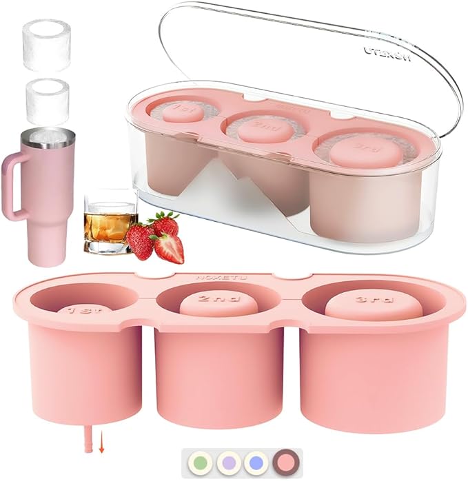 Ice Mold for Stanley Cup 30/40 Oz - Easy Fill and Release Without Touching Ice, Silicone Ice Cube Tray with Clear Lid and Bin for Freezer, Whiskey, Cocktail (Pink)