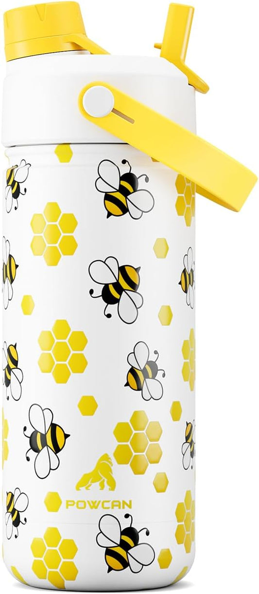 18 oz Cute Water Bottle for Kids: 2-in-1 Straw Spout Lid, Leakproof, Keep Cold 24H, BPA-Free, Backpack and Car Cup-Holder Friendly, Insulated Stainless Steel Cup for Birthday Gift (Sweet Hive)