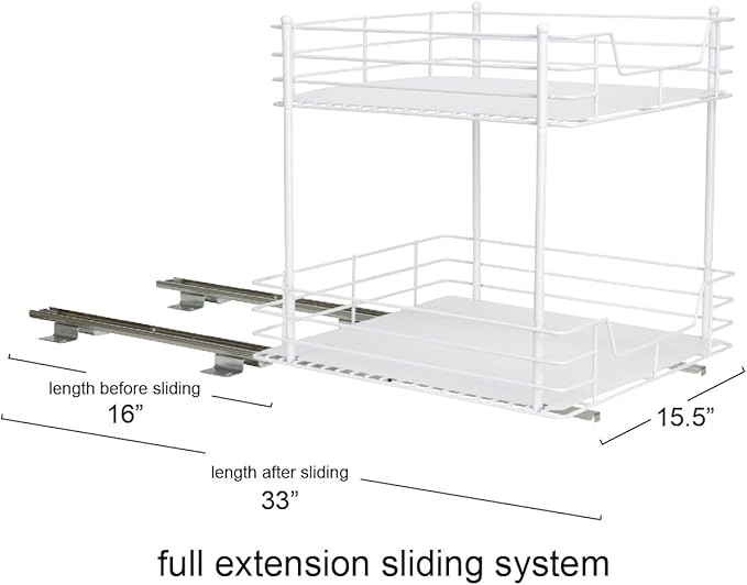 Household Essentials 2-Tier Sliding Pantry Organizer, 16.73" H x 15.35" W x 16.14" D, Strong Powder-Coated Steel Frame, Durable and Versatile, Easy Installation, Mounting Hardware Included, White