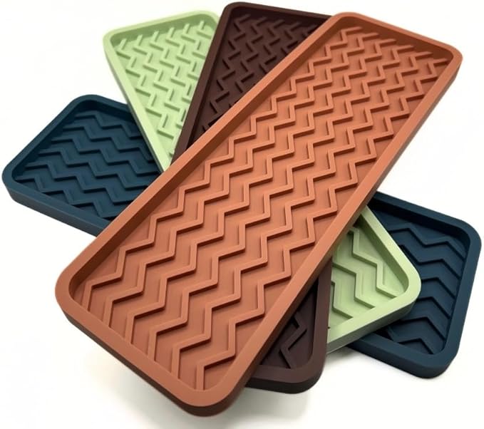 Silicone Sink Organizer Tray, Rectangular, Modern Style, Heat Safe, Dishwasher Safe, for Bathroom and Kitchen Organization (Smoky Blue, 12" x 4", 9.2 Ounces, Zigzag)