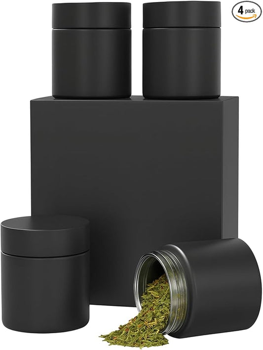 Smell Proof Jar(4 oz),4 Pack Air Tight Herb Container,Thick UV Resistant Jar with Child-Resistant Lid,Black Glass Storage Jars for Coffee/Herb/Tea