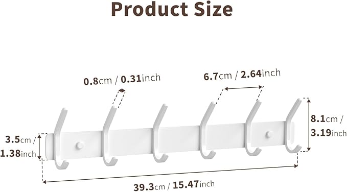 GWAAZXGZ Coat Rack Wall Mount Hooks - 15 Inch Matte White Metal 6-Hook Organizer Wall Mounted, Modern Kids Room, Entryway & Bathroom Hanger for Beach Towels, Coats, Purses, Bags (2 Pack)
