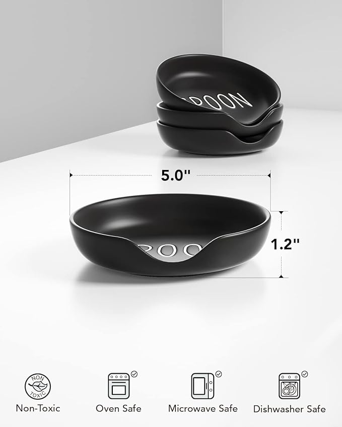 LE TAUCI Spoon Rest for Stove Top, Set of 4 Ceramic Spoon Holder for Kitchen Counter, 5-Inch Modern Coffee Spoon Rest for Spatula, Tea Bag, Ladle, Dishwasher Safe, Matte Black