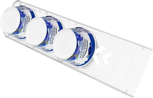 SOPHICO Organizer for Fridge, 4 Capacity Sliders for Refrigerator, Yogurt Holder With Adhesive Tapes for 3.75 Inch Greek and Vegan Yogurt (Transparent, 1 Pack)